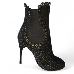 Alaia Women's Grommet Embellished Black Suede Mid Ankle Booties Size EU 37 NWOT
